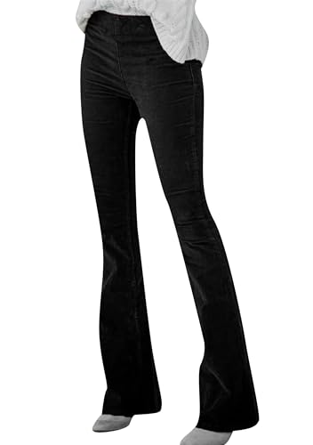 Yming Damen Cordhose Mit Glockenboden Elastische Taille Klassische Hose Dehnbare Weiche Hose Schwarz XL von Yming