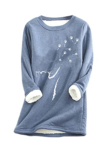 Yming Damen Dicker Fleece Pullover Langarm Pullover Katzenpfote O-Ausschnitt Sweatshirts MZ-Blau S von Yming