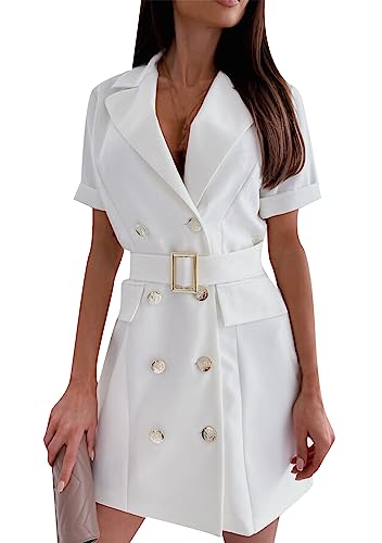 Yming Damen Double Breasted Anzug Kleid mit Gürtel Kurzarm Revers Wrap Blazer Kleid Weiß S von Yming