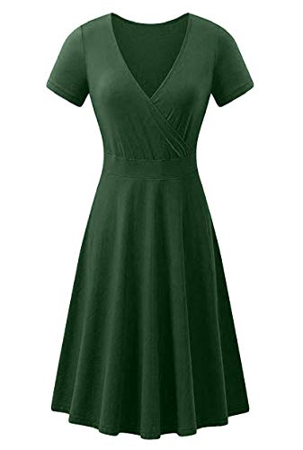 Yming Damen Einfarbig Knielang Kleid Kurzarm Kleid V-Ausschnitt Kleid Grün XL von Yming