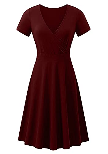 Yming Damen Einfarbig Swing Kleid Vintage Sommerkleid Kurzarm Kleid Bordeaux XS von Yming