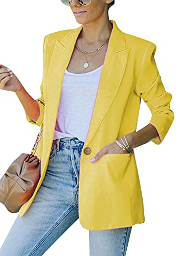 Yming Damen Einfarbig Winter Anzug OL Büro Anzug Cardigan Offene Vorderseite Blazer Lange Vorne Offen Blazer Gelb XS von Yming