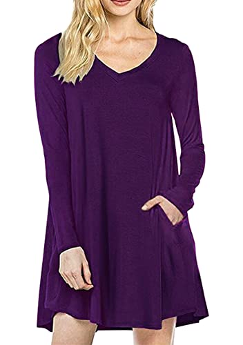 Yming Damen Elegant Einfatbig Kleid Langarm Minikleid Swing Kleid Violett 4XL von Yming