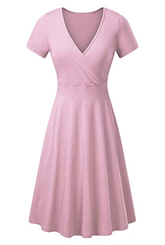 Yming Damen Elegant Kurzarm Kleid Lässig V-Ausschnitt Sommerkleid V-Ausschnitt Kleid Rosa XL von Yming