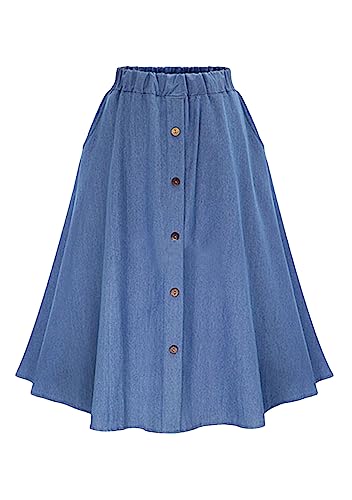 Yming Damen Elegante A Line Midi Denim Rock Vintage High Belted Waist Flared Pleated Flowy Jean Röcke Hellblau M von Yming