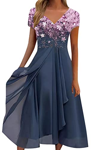 Yming Damen Elegante Brautjungfer Chiffonkleider V Ausschnitt Kurzarm Kleid Formales Abendkleid Rosa Blau 3XL von Yming