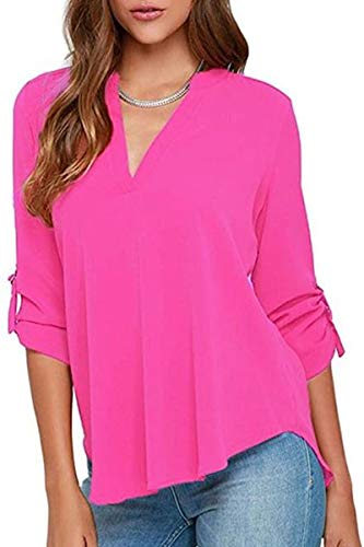 Yming Damen Elegante Manschetten Ärmel Chiffon Shirt V-Ausschnitt Chiffon Bluse Casual Shirt Tops Hell Fuchsia XL von Yming