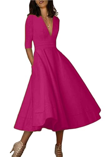 Yming Damen Elegante Midikleid Tief V Ausschnitt Halber Ärmel A-Linie Swing Festliches Cocktailkleid Rose XL DE 42 44 von Yming