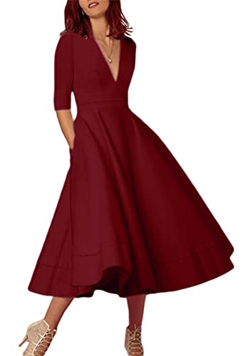 Yming Damen Elegantes Cocktailkleid Vintage Halber Ärmel Partykleid Tief V Ausschnitt Midikleid Plus Größe Burgundy XXXL DE 46 48 von Yming