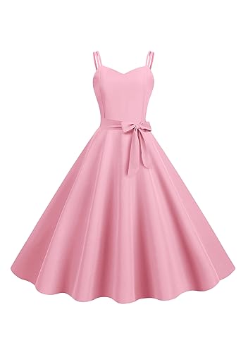 Yming Damen Elegantes Hepburn Kleid Sommer Ärmelloses Slip Kleid Solide hohe Taille Kleid mit Schleife Gürtel Rosa XL von Yming