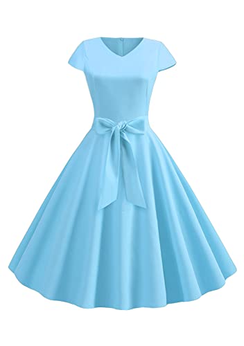 Yming Damen Elegantes Rockabilly Kleid Mit Hoher Taille Kurze Ärmel Sommer Audrey Hepburn Kleider Prinzessin Party V Hals Kleid Einfarbig Kleid Himmelblau L von Yming