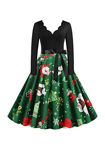 Yming Frauen V Ausschnitt Schmal Geschnittenes Kleid Hohe Taille Tunika Kleid Vintage Weihnachtskleid Weihnachten Grün XL von Yming