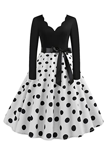 Yming Damen Festliche Kleid Langarm Rockabilly Kleider Retro Partykleid Vintage Midikleid Weiß XXL von Yming