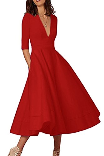 Yming Damen Festliches Kleid Einfarbig Cocktailkleid Knielang Partykleid Midi Kleid Rot S DE 36 38 von Yming