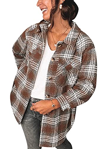 Yming Frauen Flanell Plaid Hemden Taschen Casual Button Down Hemden Langarm Kragen V-Ausschnitt übergroße Blusen Tops Kaffee L von Yming