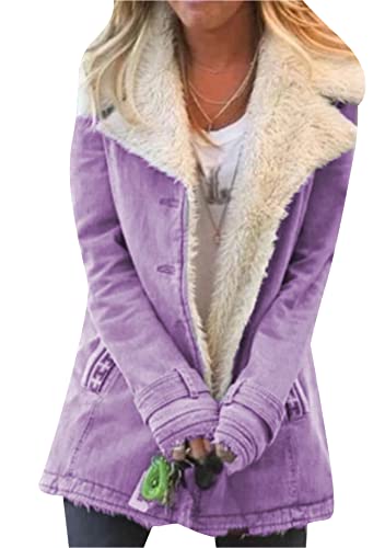 Yming Damen Fleece Jacken Volle Knopftaschen Mäntel Winter Warme Weiche Jacke Warme Flauschige Jacke Lila L von Yming