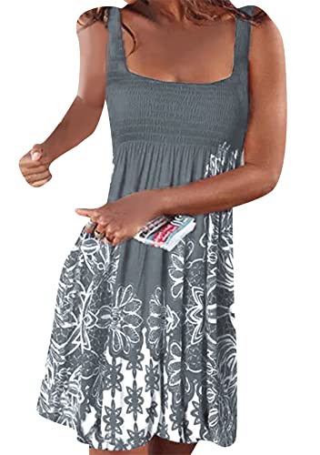 Yming Damen Floral Plissiert Casual Tank Kleid Mini Strandkleid Cover Up Kleid Blumendruck Elastische Büste Schlauchkleider Weste Grau M von Yming