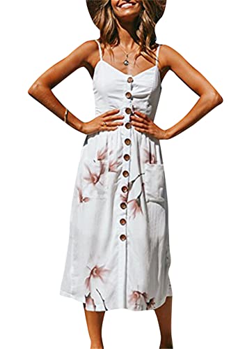 Yming Damen Floral Print Casual Party Daily Boho Kleid Swing Sundress Long Midi Boho Kleid Blume Weiß XXL von Yming