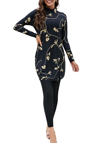 Yming Damen Flower Print Burkini Zweiteiliger Shaper Badeanzug Völlig bedeckt Schwarz Flower S von Yming