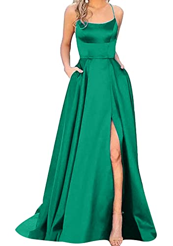 Yming Damen Formale Ballkleider Langer Ball Quadratischer Ausschnitt Kleid Satin Spaghettiträger Kleider Mit Taschen Grün S von Yming