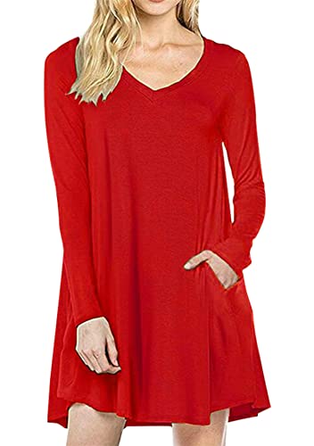 Yming Damen Freizeit Langarm Minikleid V-Ausschnitt Kleid Swing Kleid Rot XXL von Yming