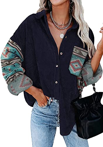 Yming Damen Cord Leichte Hemden Revers Langarm Cardigans Loose Fit Hemden Marineblau M von Yming