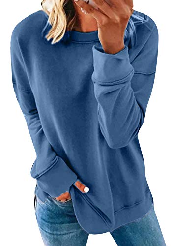 Yming Damen Frizeit Sweatshirt Langarm Bluse Einfarbig Tops Rundhals Oberteil Blau XXL von Yming