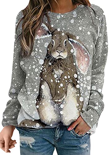 Yming Damen Frizeit Sweatshirt Langarm Bluse Ostern Tops Rundhals Oberteil Schneekaninchen XS von Yming