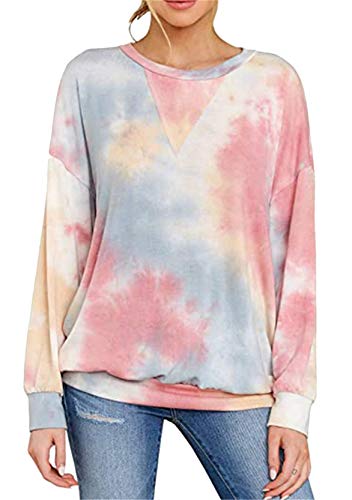 Yming Damen Frizeit Sweatshirt Langarm Bluse Tie Dye Tops V-Ausschnitt Oberteil Rosa XXL von Yming