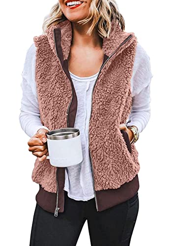 Yming Damen Fuzzy Fleece Leichte Weste Gemütliche Ärmellose Strickjacke Reißverschluss Weste Oberbekleidung Rosa S von Yming