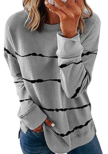 Yming Damen Gestreift Oberteil Lose Rundhals Sweatshirt Langarm Frizeit Sweatshirts Hellgrau XL von Yming