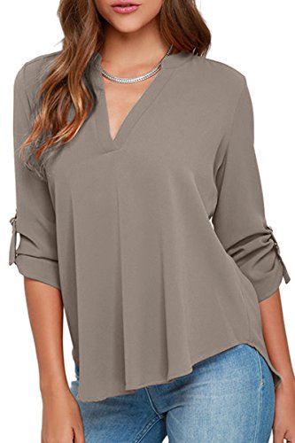 Yming Damen Halber Ärmel Shirt Chiffon Blusen V-Ausschinit Oberteil Casual Lose Tops Grau XXL von Yming