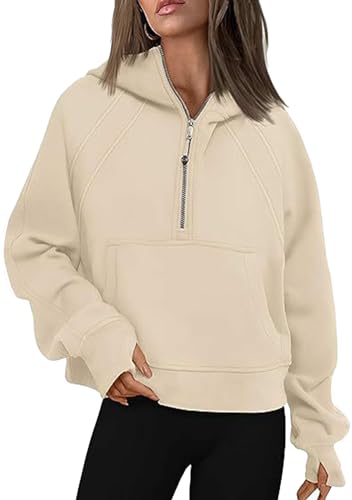 Yming Damen Halber Reißverschluss Cropped Pullover Casual Solid Pullover Sweatshirts Winter Fleece Daumenloch Tops Beige S von Yming