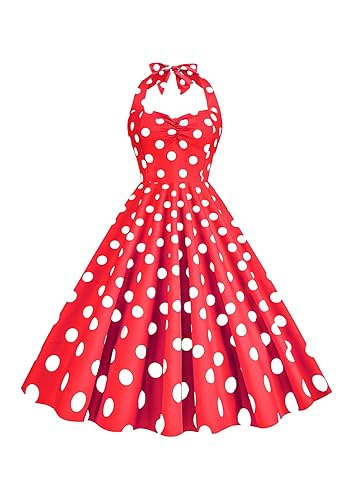 Yming Damen Neckholder Cocktail Ballkleider Mit Gürtel Tea Party Kleid Vintage Polka Dot Kleid Roter Punkt XL von Yming