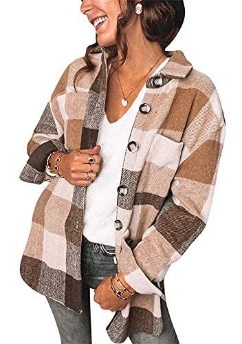 Yming Damen Langarm Knopf Front Plaid Bluse Drop Schulter Revers Kragen Top Jacke Mantel Button Shirts Plaid Mantel Braun XXL von Yming