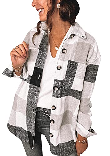 Yming Frauen Casual Plaid Flanell Shacket Jacke Oversize Button Down Shirts Langarm Shirts Jacke Revers Knopf Mantel Schwarz XL von Yming