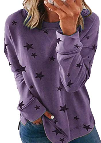 Yming Damen Herbst Rundhals Pullover Lose Stern Sweatshirt Langarm Shirts Violett XL von Yming