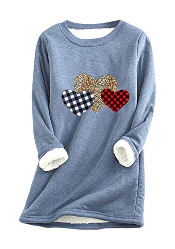 Yming Damen Herz Sweatshirts Nachahmung Lammhaar Pullover Langarm Pullover Bedrucktes Oberteil Blau XXL von Yming