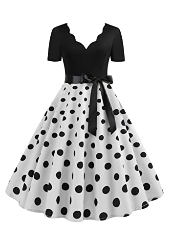 Yming Damen Hoher Taille Kleid V-Ausschnitt Kleider Elegantes Cocktailkleid Audrey Hepburn Kleid Weiß XXL von Yming