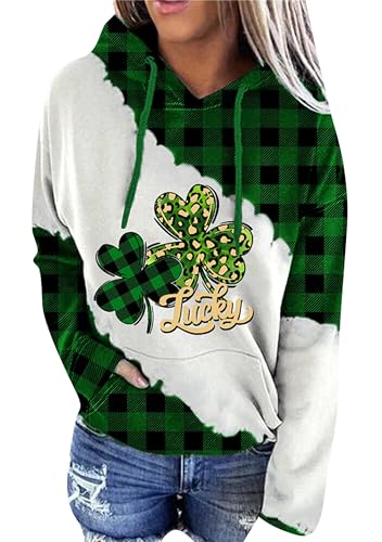 Yming Frauen Klee Grafik Pullover St. Patrick's Day Kapuzenpullover mit Tasche Kleeblatt Pullover Alphabet Kleeblatt S von Yming