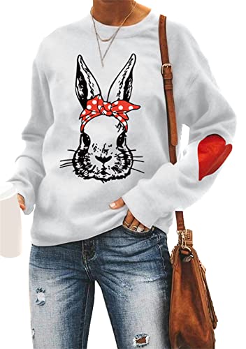 Yming Damen Kaninchen Print Rundhalsausschnitt Sweatshirt Ostern Pullover Lässig Langarm Pullover Weiß M von Yming