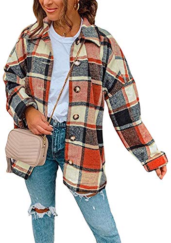 Yming Damen Kariertes Hemd Jacke Holzfällerjacke Oversized Hemd Bluse Langarm Check Shirt Bluse Shirt Langer Freund Winterjacke Mantel Blusen Orange L von Yming