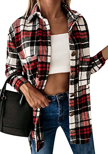 Yming Damen Karierte Jacke mit Knöpfen Langarm Hemdjacke Mode Boyfreind E-Dunkelrot XL von Yming