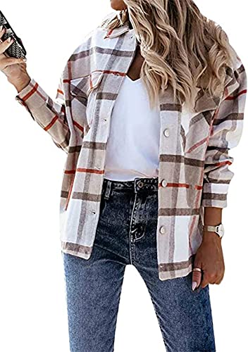 Yming Frauen Casual Jacke Plaid Button Down Shirt Langarm Tartan Jacke Turn-Down Kragen Mantel Check Mode Bluse Outwear Khaki XXS von Yming