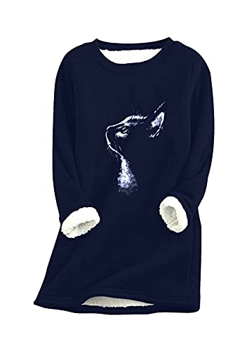 Yming Damen Katze Rundhals Pullover Winter Oberteil Nachahmung Lammhaar Pulli Langarm Pullover M-Navy Blau S von Yming