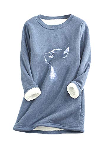 Yming Damen Katze Sweatshirts Nachahmung Lammhaar Pullover Langarm Pullover Bedrucktes Oberteil M-Blau XXL von Yming