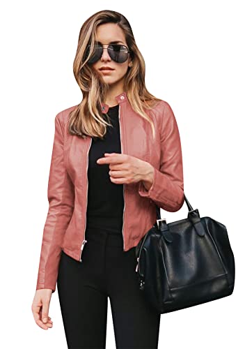 Yming Damen Klassische Kunstlederjacke Pu Moto Biker Jacke Kurz Schlank Casual Reißverschluss Mantel Rosa M von Yming