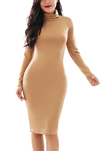 Yming Damen Kleid Bodycon Strechkleid Etuikleid Cocktailkleid Minikleid Stehkragen Langarmkleid Khaki S/DE 36-38 von Yming