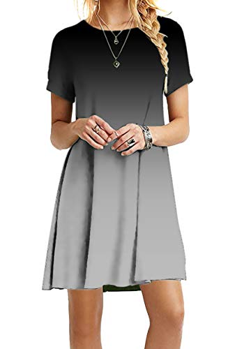 Yming Damen Kleid Kurzarm Kleid Rundhals Lose Freizeitkleid Casual Blumen Kleid JB-Gray XL/DE 42 von Yming