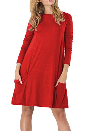 Yming Damen Kleid Langarm mit Taschen Kleid Lose T-Shirt Kleid Rundhals Casual Tunika Mini Kleid Rot M/DE 38-40 von Yming